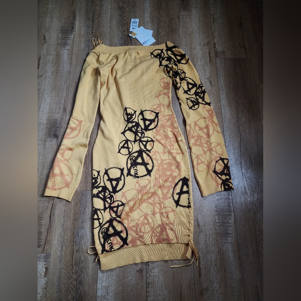 SUPER RARE $102 NWT Azzure Y2K Silk Knit Hourglass Sweater Dress L Lace Up